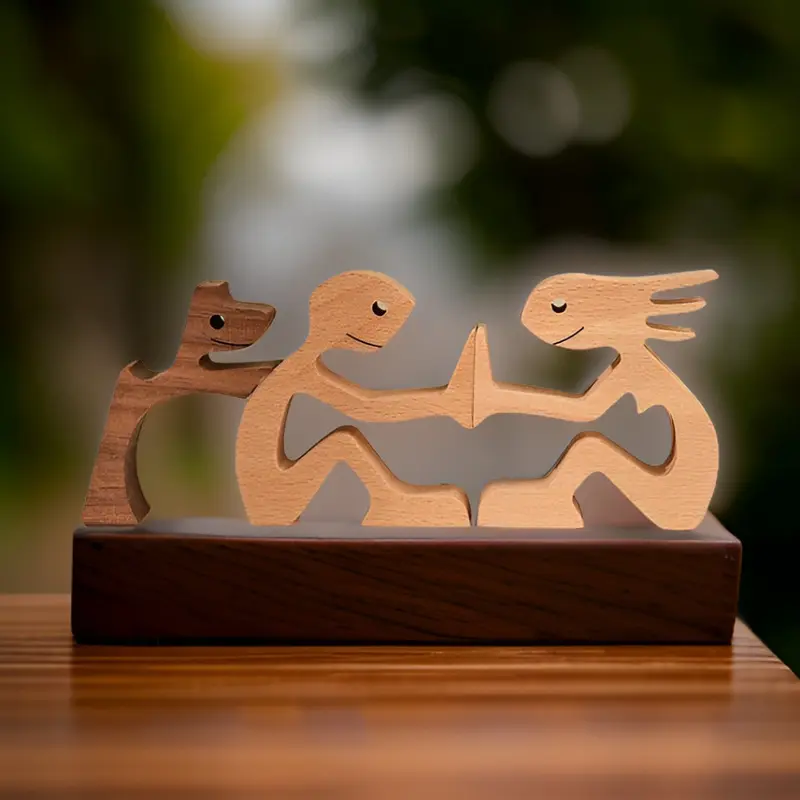 Wooden statue depicting a dog and its owner – Natural finish, handcrafted decor for the living room or animal lovers