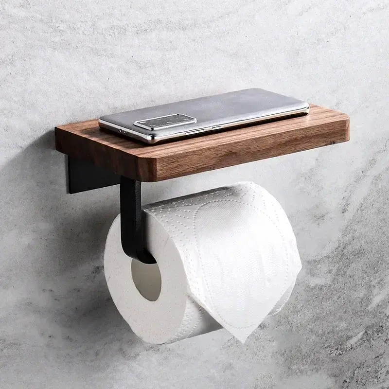 Wooden Toilet Paper Holder with Shelf, Wall-Mounted