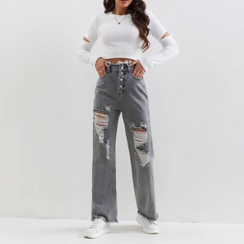 Zerstörte Graue Jeans mit Knöpfen