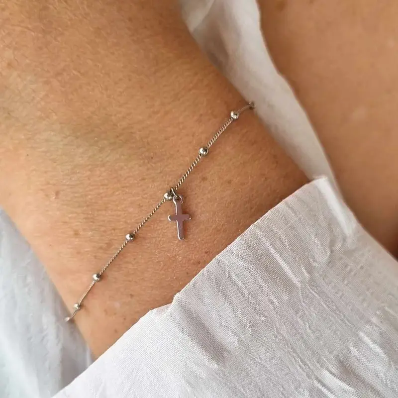 Zilveren Bolletjes armband met kruisje