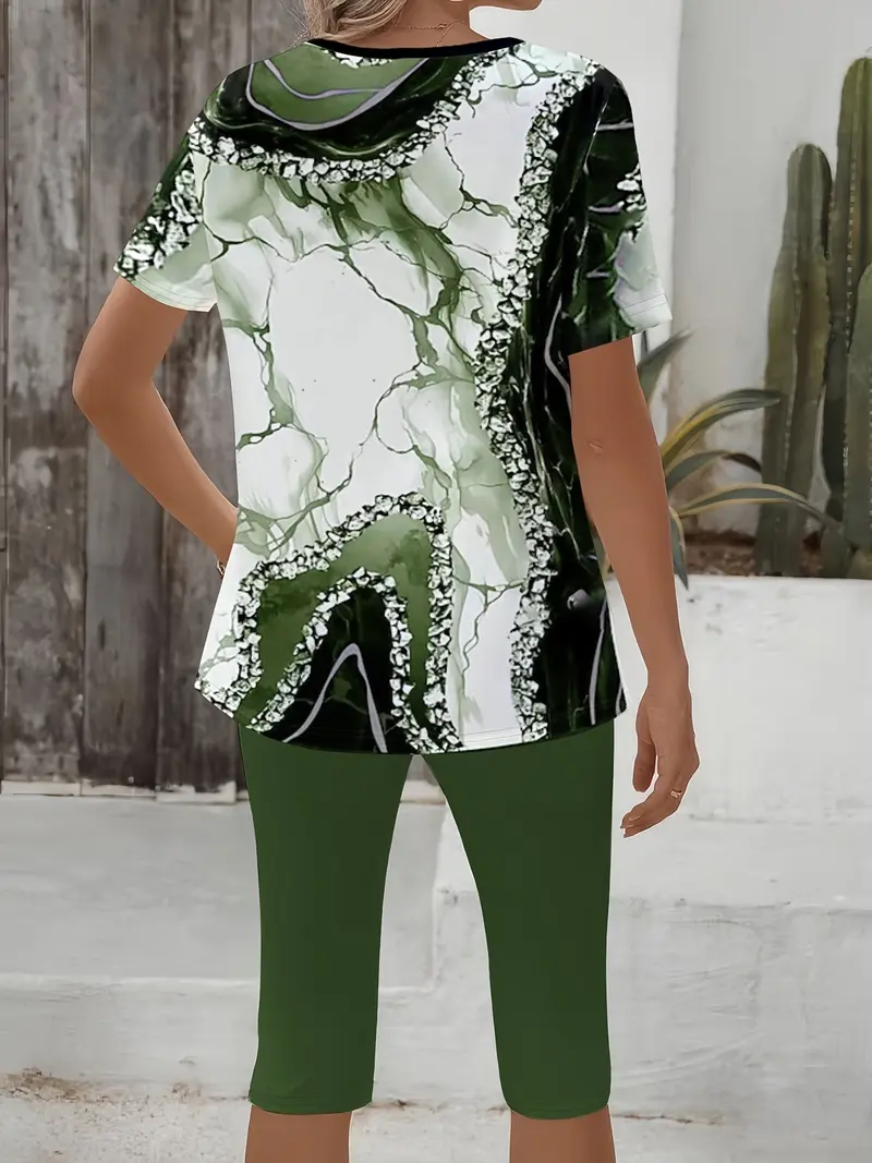 Zweiteiler Damen Sommer | Bedrucktes T-Shirt & Stretch-Capri-Leggings