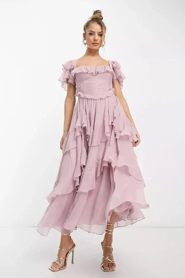 Zweiteiliges Midi-Kleid für Damen mit Rüschen und Korsett
